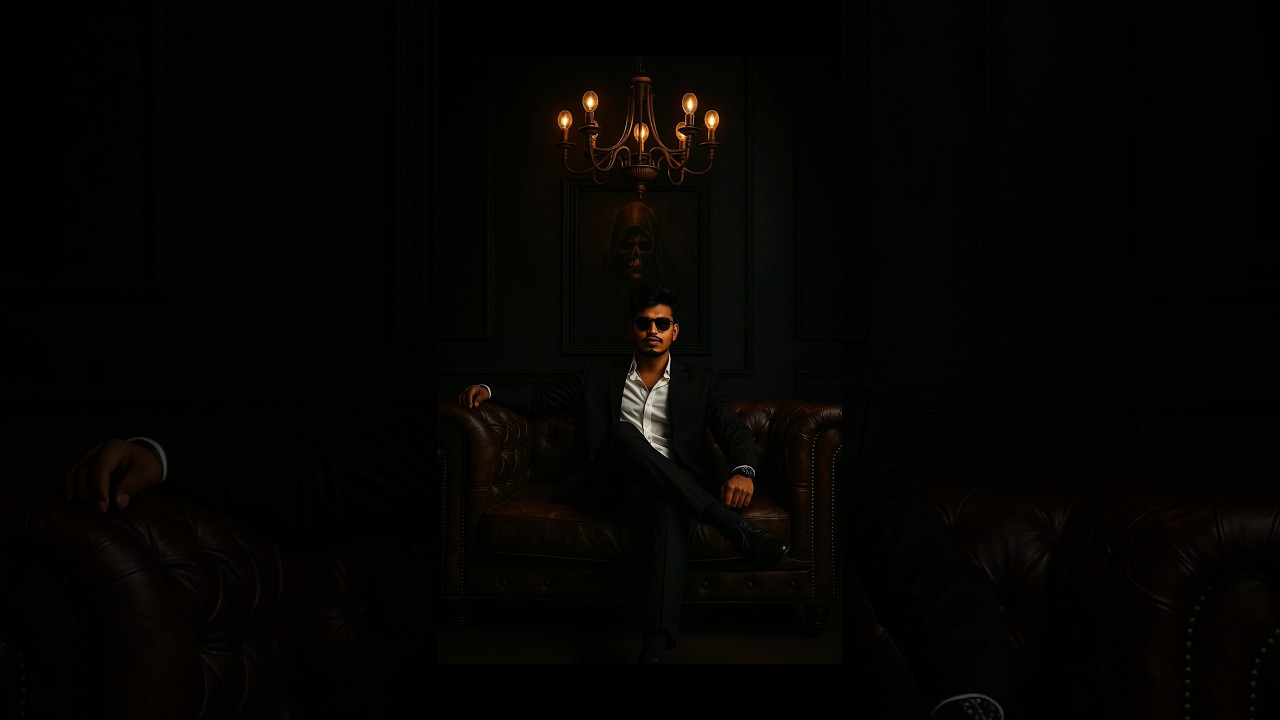 stylish young man sitting on a luxurious dark brown leather chesterfield sofa in a dimly lit