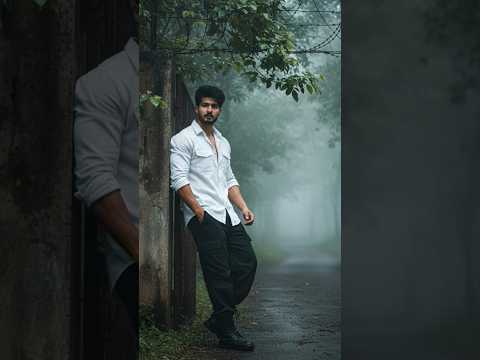 A cinematic ultrawide, low-angle shot of a young man standing in the same outdoor setting.