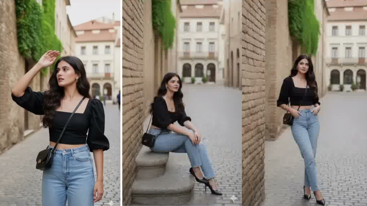 A woman Standing on a cobblestone street with old stone/brick walls
