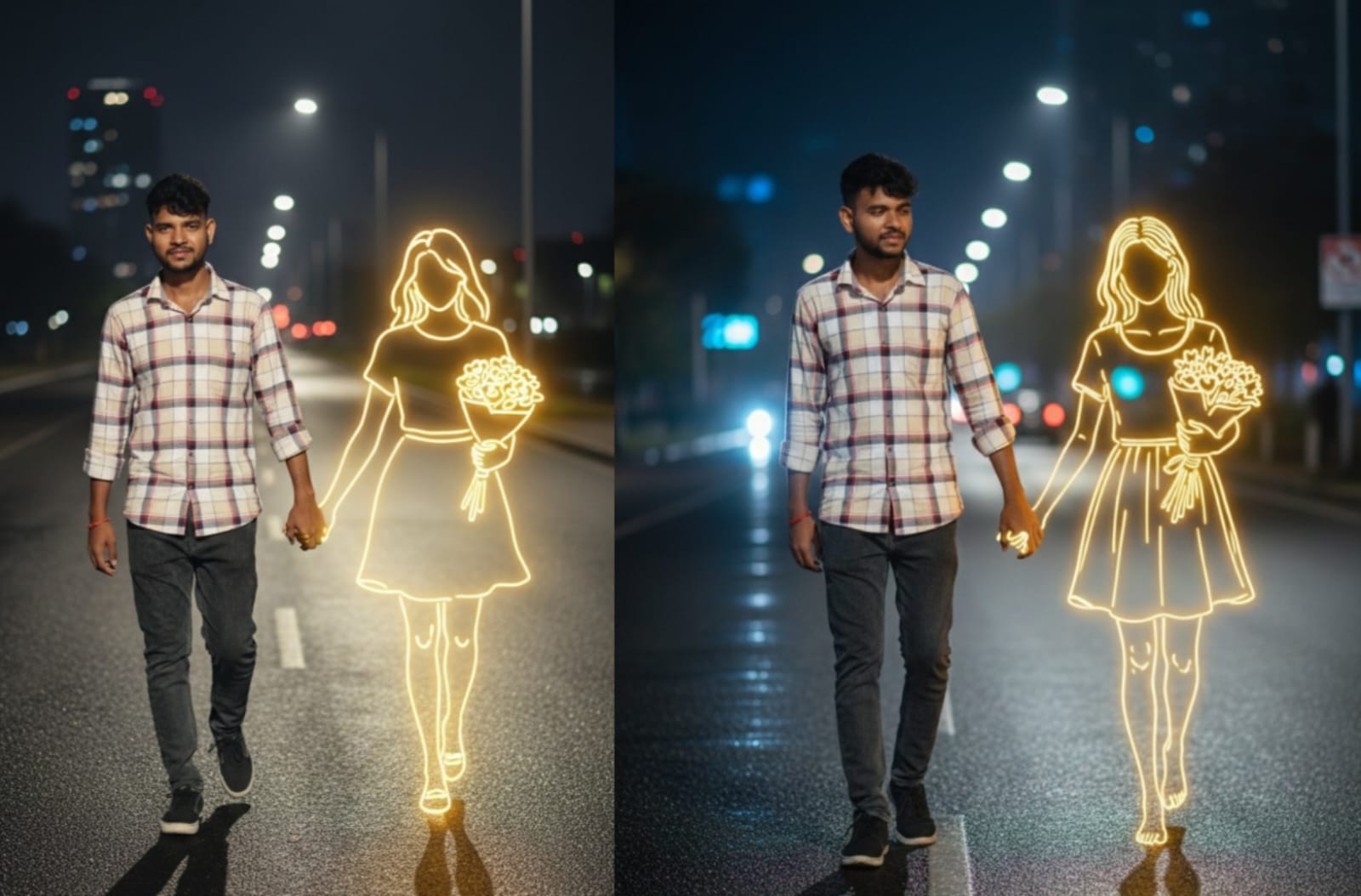 Neon Light Girl with Boy Photo Edit AI Prompt”