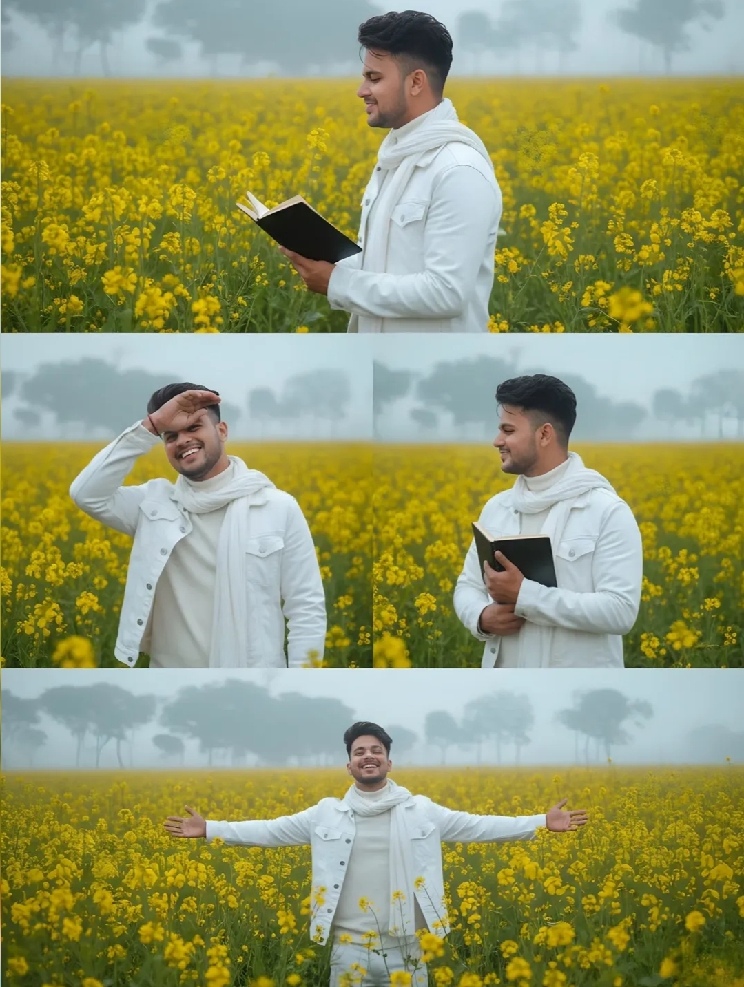 Instagram Tranding Photoshoot Ai Prompt Scene a viist mustard flower field filled with bright yellow flowers, soft green stems, misty blurred trees in the background, dreamy morning atmosphere.